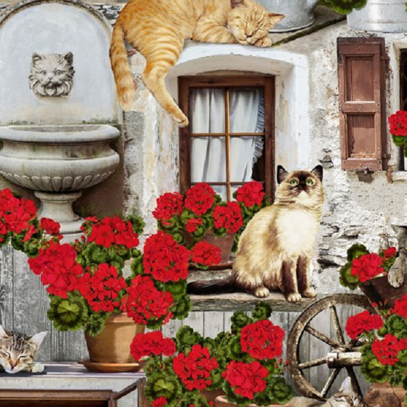 GERANIUMS PORCH c6381 Multi Cats on the Porch Timeless Treasures