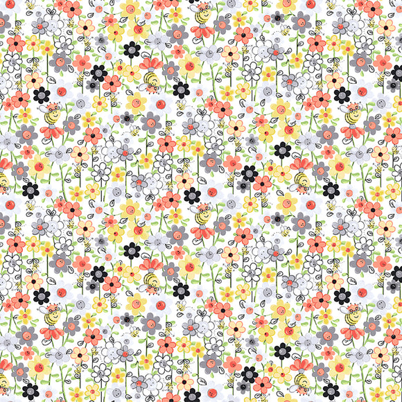 SWEET BEES 20363 100 White Floral & Bees Susybee Clothworks