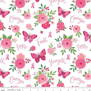 STRENGTH IN PINK c12620 White Main Flowers & Words Riley Blake