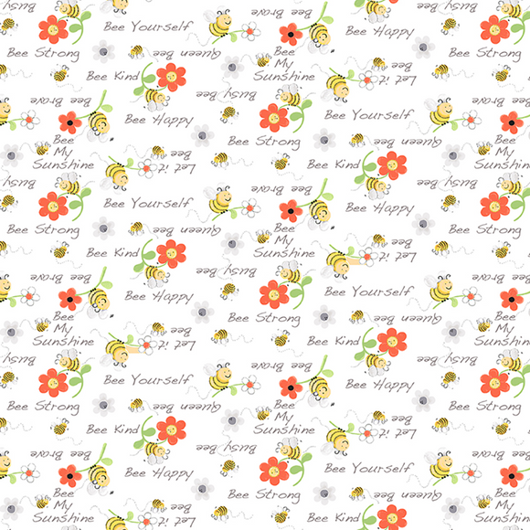 Pattern of bees, flowers, and text on a white background