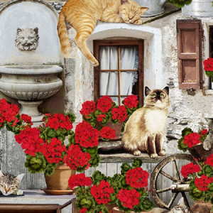 GERANIUMS PORCH c6381 Multi Cats on the Porch Timeless Treasures