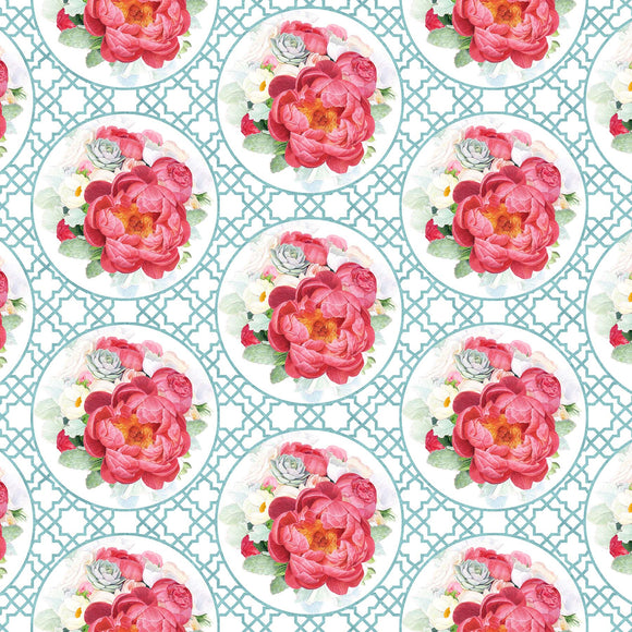 BLOSSOMING BEAUTIES DP22319 41 Turquoise Trellis & Peonies Northcott