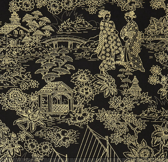 ZEN AYA CM4534 Geisha Scenic Toile Black Metallic Timeless Treasures