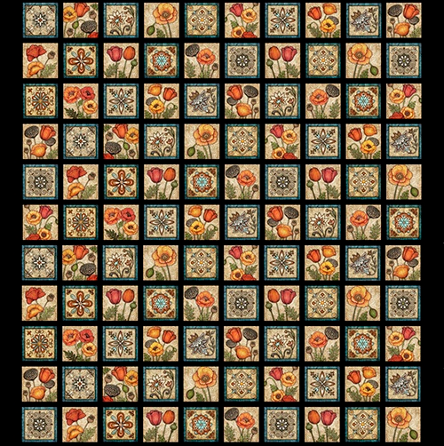 BLOOM 24213 J Poppies Tiles Black Dan Morris Quilting Treasures