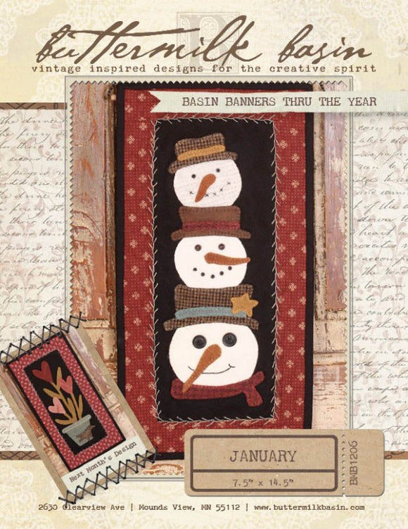 BMB1206 BASIN BANNERS January Stacked Snowmen Buttermilk Basin