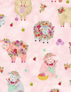 KNITTING SHEEP c1090 Pink Sheep Gail Cadden Timeless Treasures