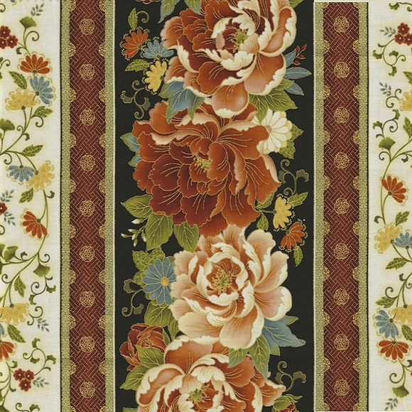 ZEN CM5113 Peony Border Stripe Black Metallic Timeless Treasures